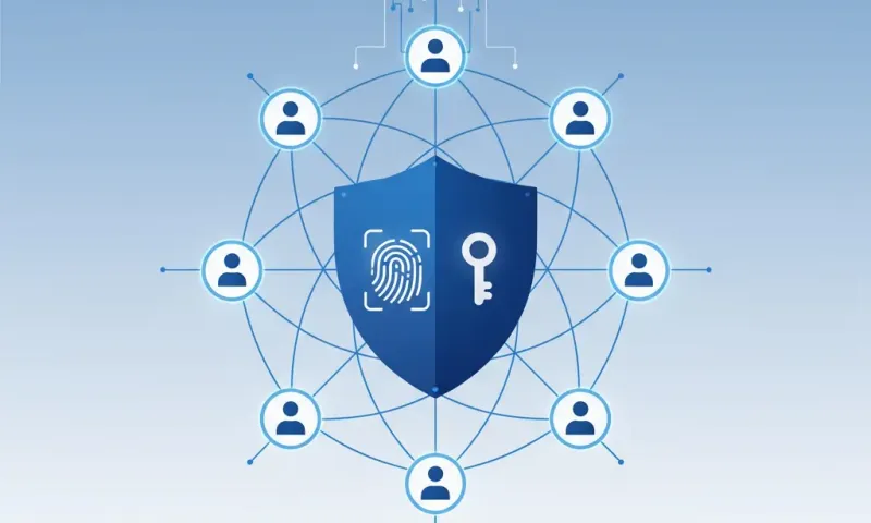 Conceptual illustration of enterprise password security showing interconnected user profiles around a central shield icon, representing systematic 1Password Business deployment with SSO integration and automated user provisioning across an organization.
