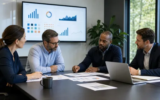 SMB leaders and an MSP advisor reviewing service trends, risks, and a technology roadmap during a quarterly business review.