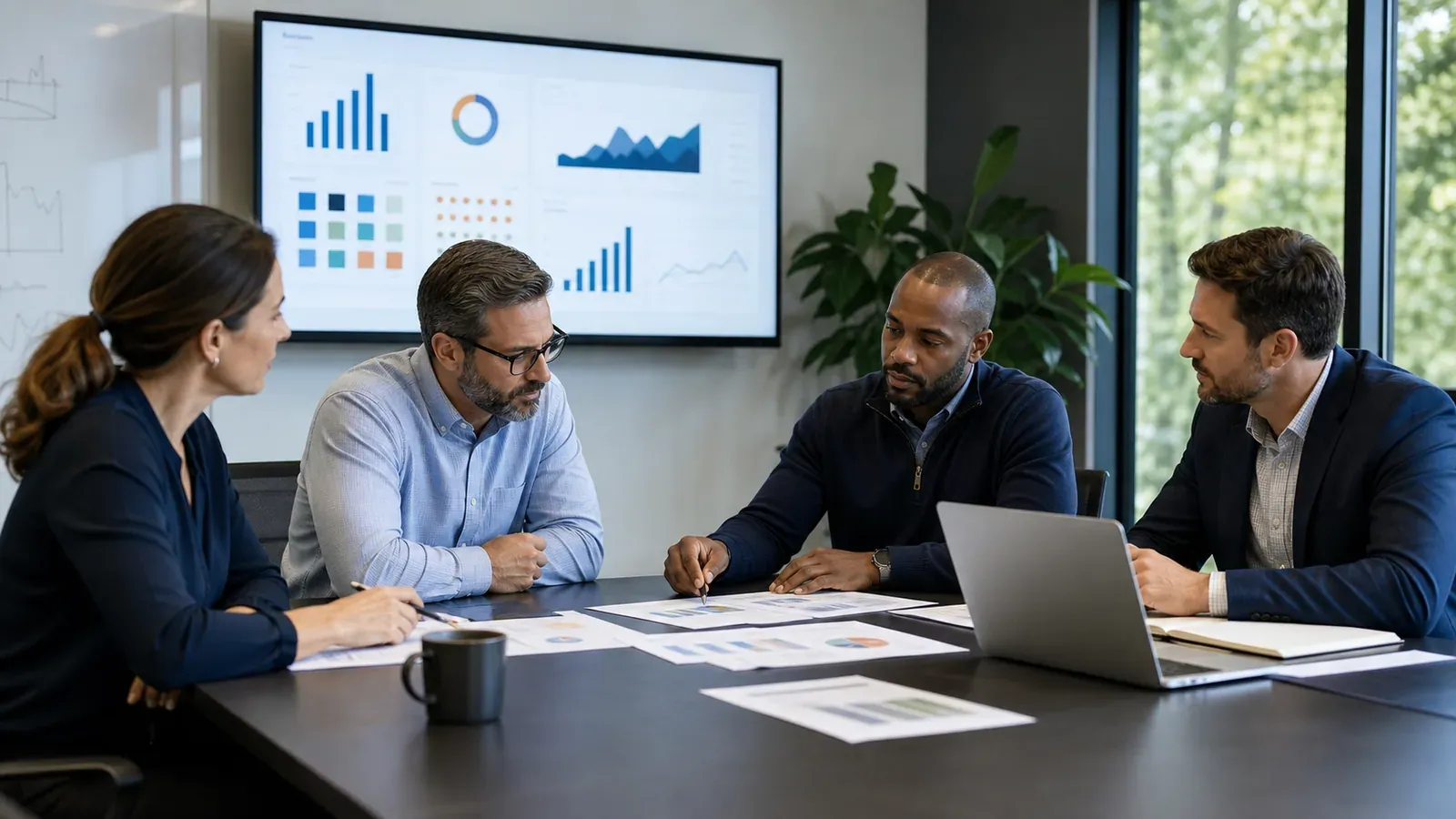SMB leaders and an MSP advisor reviewing service trends, risks, and a technology roadmap during a quarterly business review.