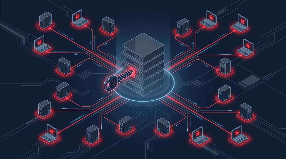 Isometric diagram of one compromised remote management server cascading red connections out to many managed endpoint devices