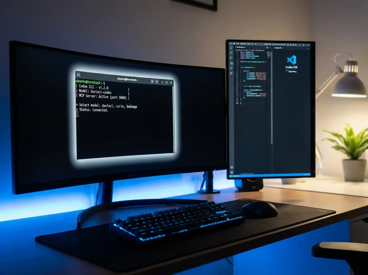 Ubuntu Linux terminal running OpenAI Codex CLI with GPT-5.3-Codex model selection and MCP server connections for AI-powered development.