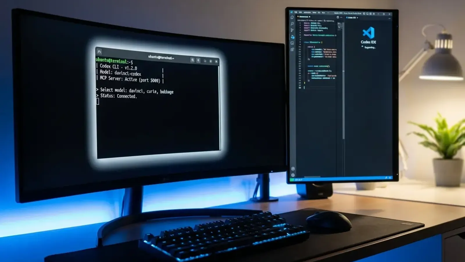 Ubuntu Linux terminal running OpenAI Codex CLI with GPT-5.3-Codex model selection and MCP server connections for AI-powered development.