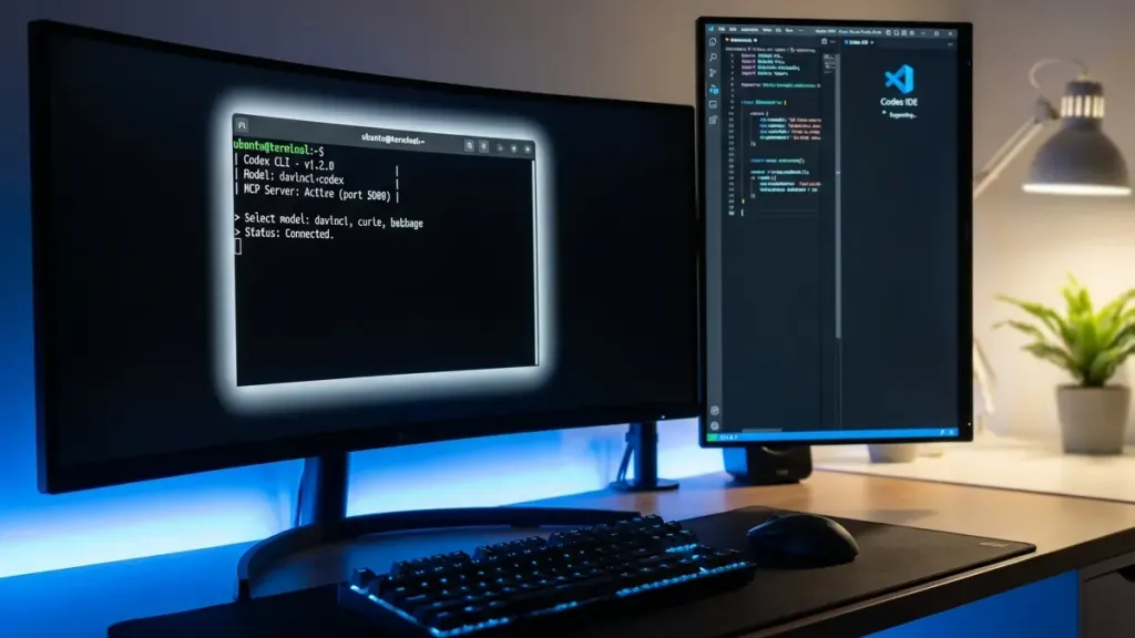 Ubuntu Linux terminal running OpenAI Codex CLI with GPT-5.3-Codex model selection and MCP server connections for AI-powered development.