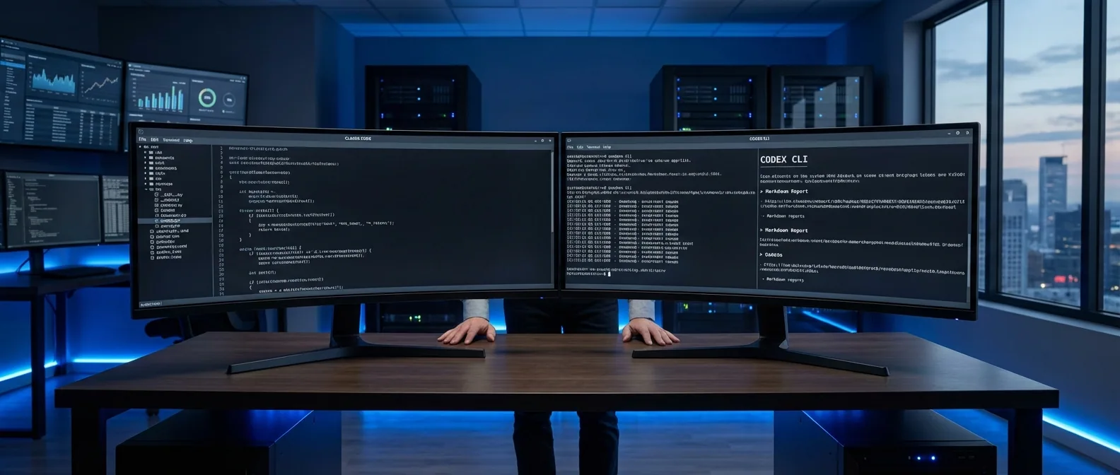 Two terminal sessions showing Claude Code and Codex CLI running non-coding tasks like network scans and file operations on ultrawide monitors in a modern IT workspace.