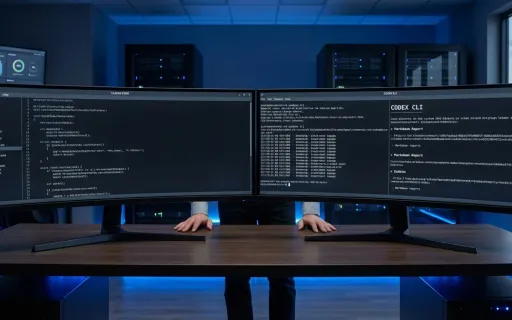 Two terminal sessions showing Claude Code and Codex CLI running non-coding tasks like network scans and file operations on ultrawide monitors in a modern IT workspace.