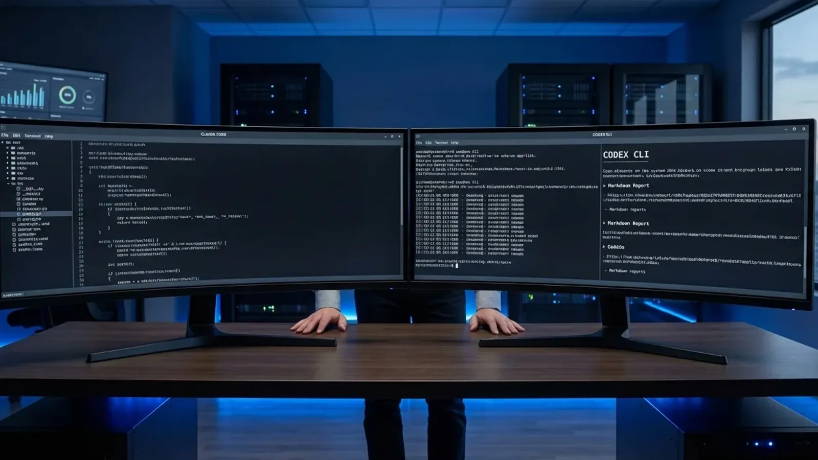 Two terminal sessions showing Claude Code and Codex CLI running non-coding tasks like network scans and file operations on ultrawide monitors in a modern IT workspace.