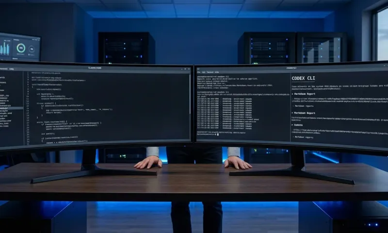 Two terminal sessions showing Claude Code and Codex CLI running non-coding tasks like network scans and file operations on ultrawide monitors in a modern IT workspace.