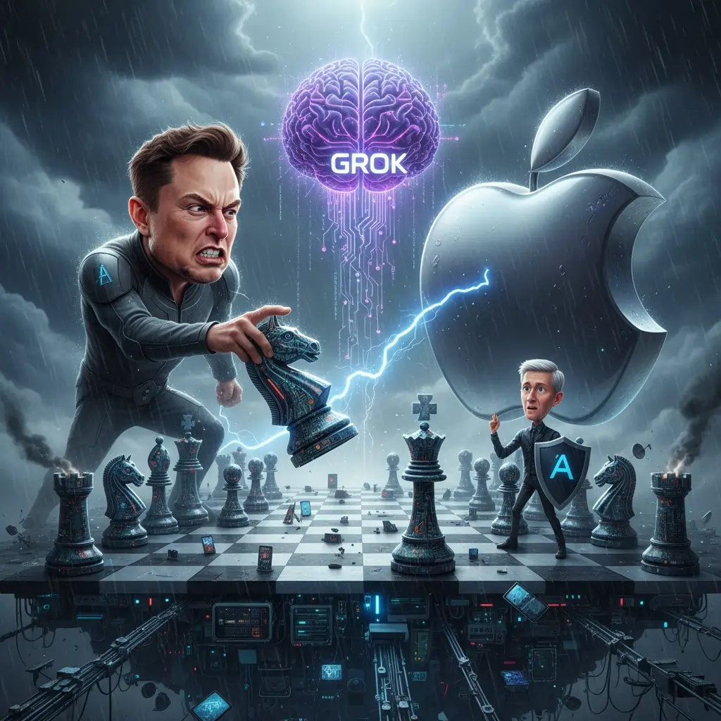 Elon Musk speaking at technology conference with Apple and AI logos in background representing lawsuit over Grok chatbot App Store rankings and OpenAI competition
