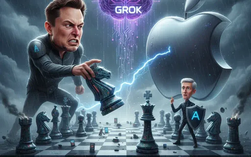 Elon Musk speaking at technology conference with Apple and AI logos in background representing lawsuit over Grok chatbot App Store rankings and OpenAI competition