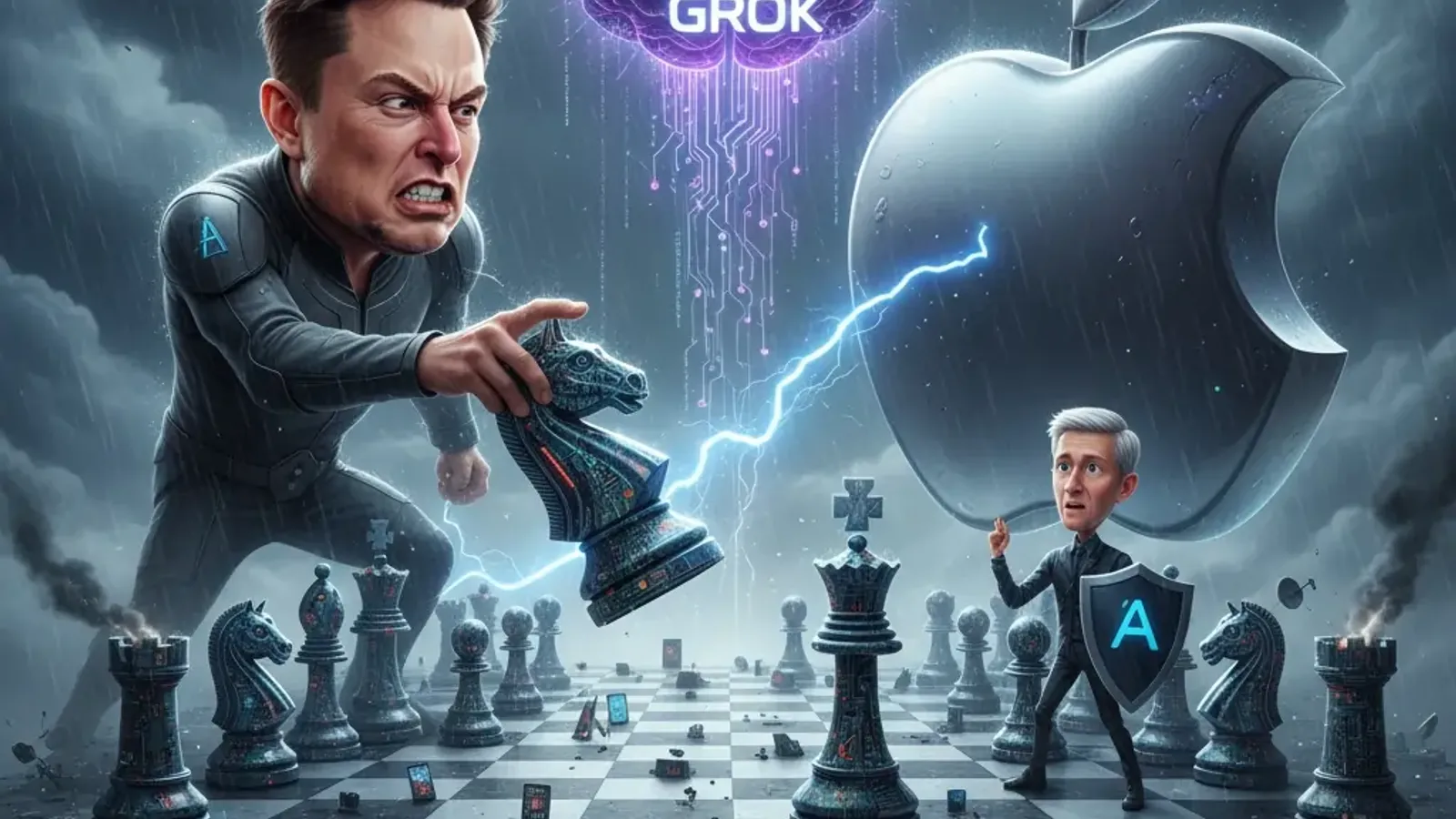 Elon Musk speaking at technology conference with Apple and AI logos in background representing lawsuit over Grok chatbot App Store rankings and OpenAI competition