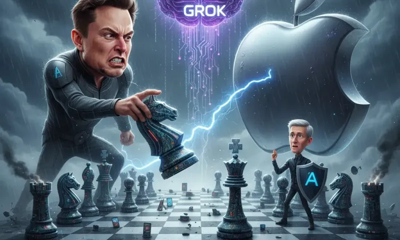 Elon Musk speaking at technology conference with Apple and AI logos in background representing lawsuit over Grok chatbot App Store rankings and OpenAI competition
