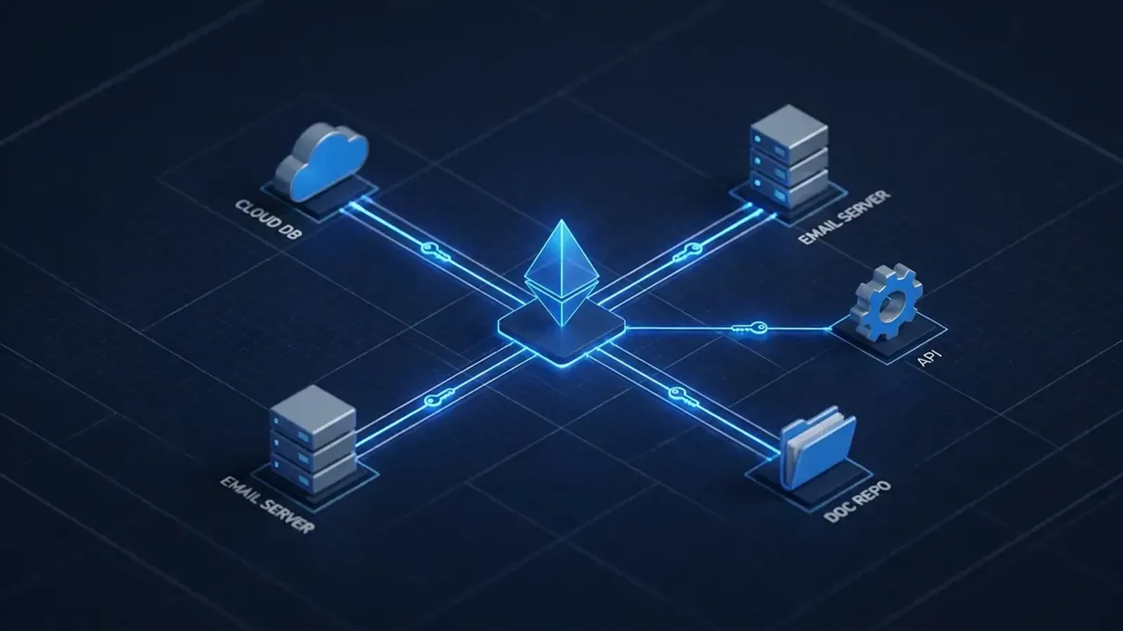 Isometric diagram of AI agents holding credential keys connected by glowing lines to enterprise applications