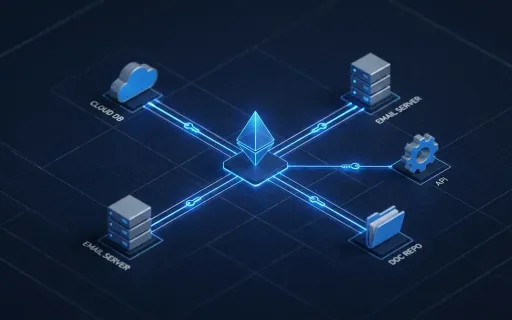 Isometric diagram of AI agents holding credential keys connected by glowing lines to enterprise applications