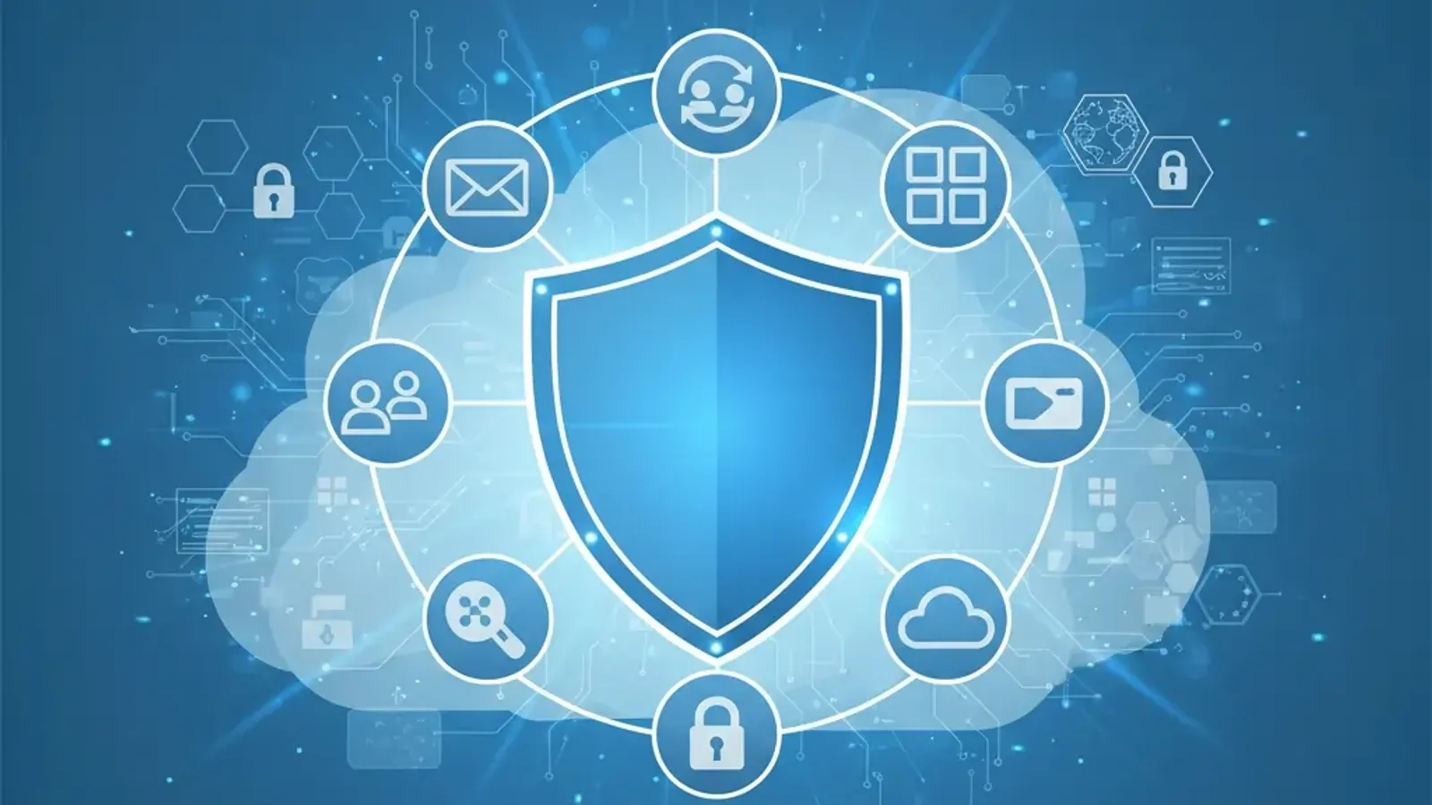 Microsoft 365 security shield protecting cloud applications with multi-factor authentication and enterprise cybersecurity controls, representing comprehensive tenant protection and managed IT security services for Dallas businesses