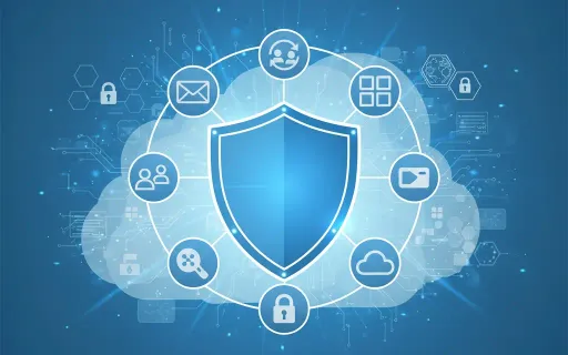 Microsoft 365 security shield protecting cloud applications with multi-factor authentication and enterprise cybersecurity controls, representing comprehensive tenant protection and managed IT security services for Dallas businesses