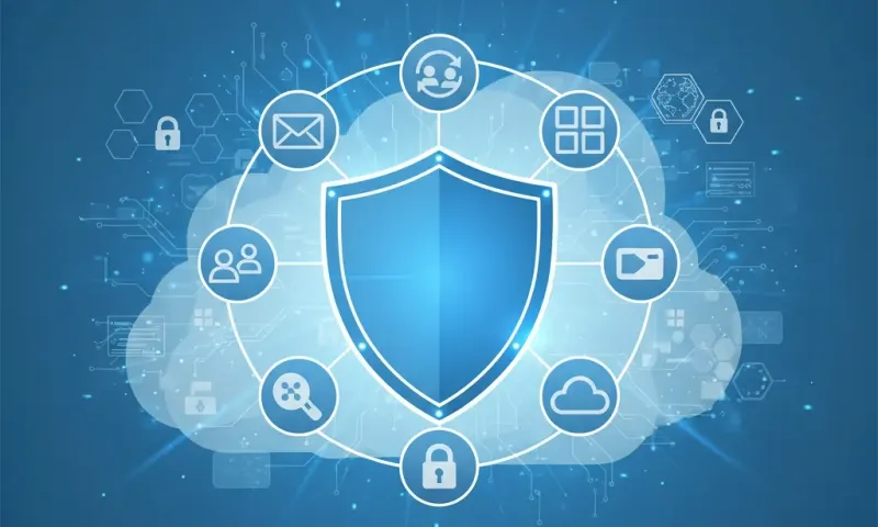 Microsoft 365 security shield protecting cloud applications with multi-factor authentication and enterprise cybersecurity controls, representing comprehensive tenant protection and managed IT security services for Dallas businesses