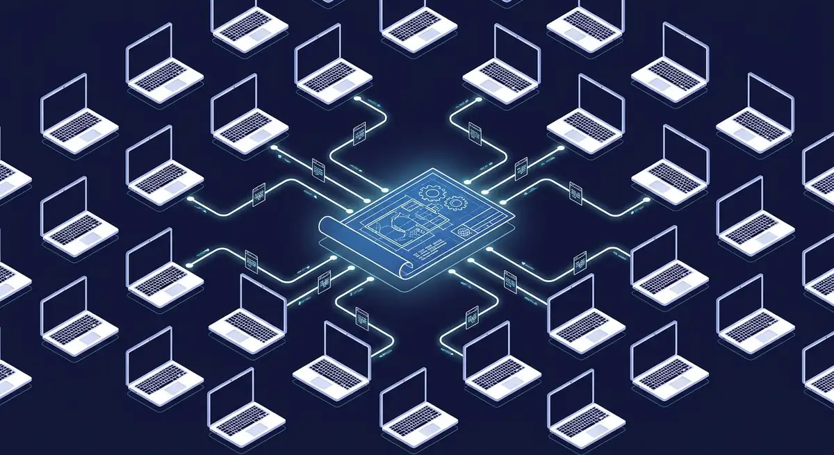 Isometric illustration of a Mac fleet synchronizing with a single Brewfile configuration document, representing declarative fleet provisioning