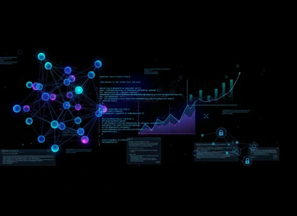 Abstract visualization of Claude Opus 4.5 AI model architecture featuring interconnected neural network nodes, coding syntax overlays, and benchmark performance indicators representing Anthropic's most advanced enterprise AI assistant for software develop