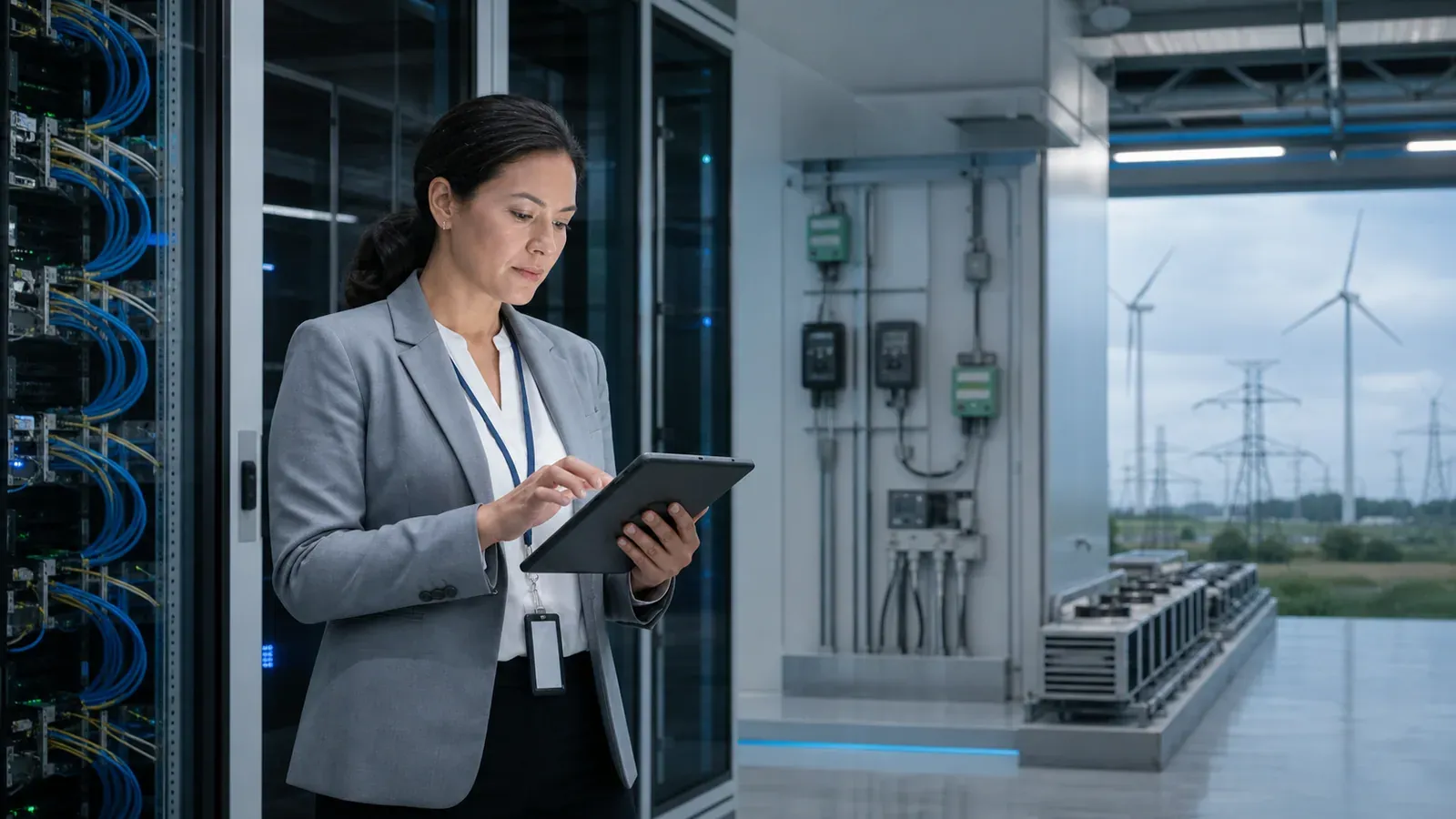 A professional reviews data center infrastructure, energy meters, and mixed grid and wind power