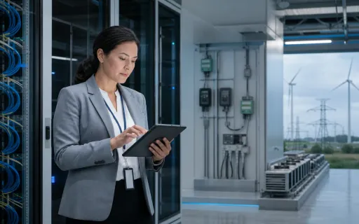 A professional reviews data center infrastructure, energy meters, and mixed grid and wind power
