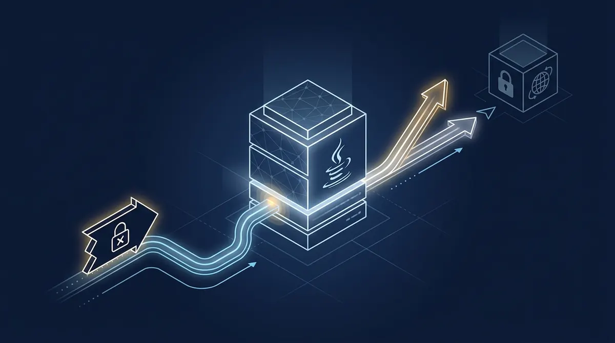 Isometric diagram showing malicious JSON entering an application and triggering an unexpected outbound connection from the server