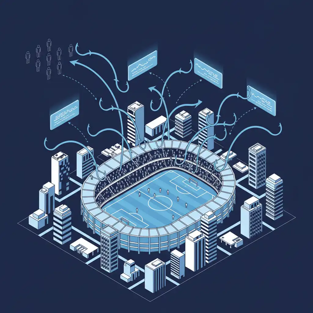 Isometric infographic depicting phishing attack vectors targeting businesses surrounding a soccer stadium during a major sporting event