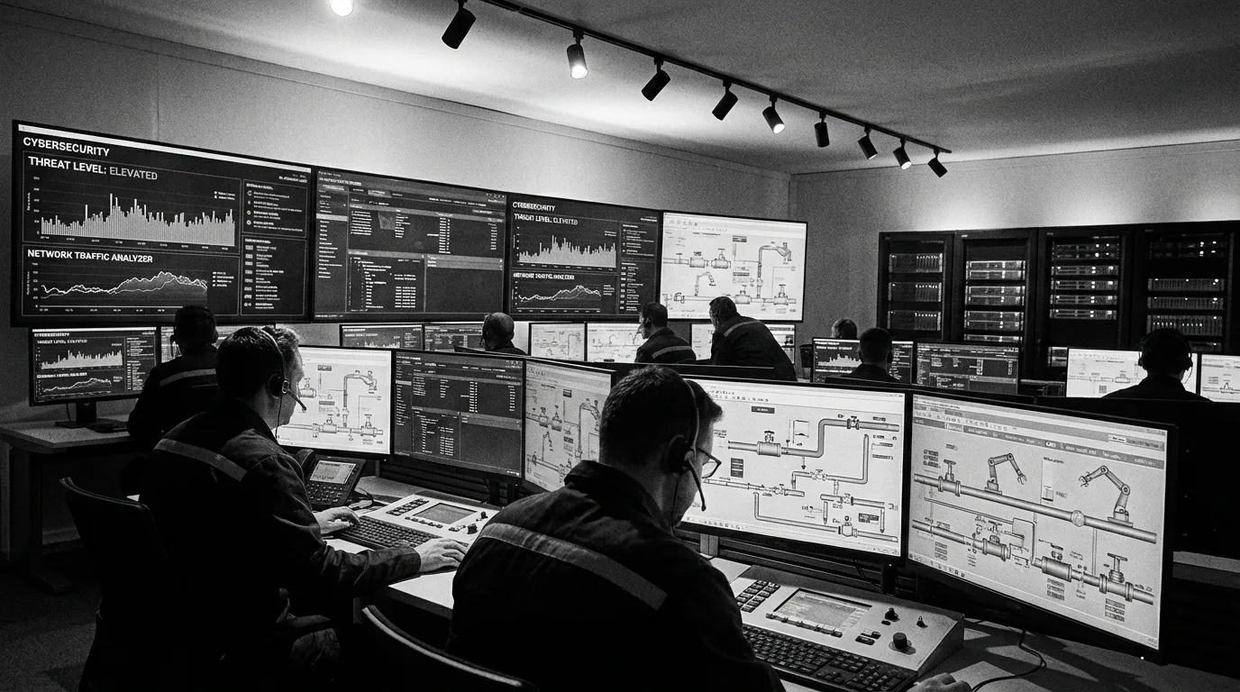 Manufacturing cybersecurity operations center monitoring industrial control systems and OT network security dashboards