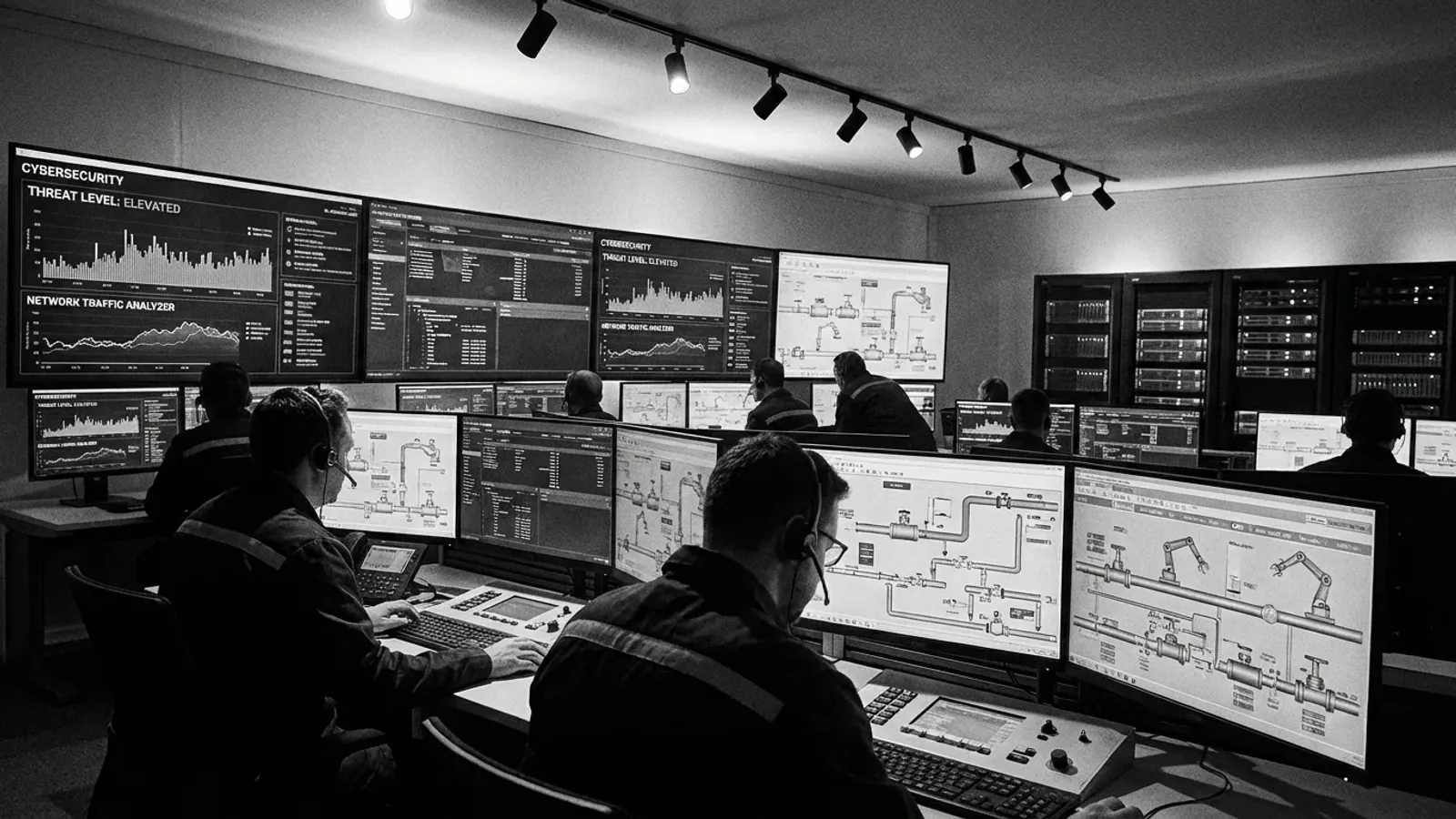 Manufacturing cybersecurity operations center monitoring industrial control systems and OT network security dashboards