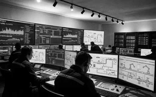 Manufacturing cybersecurity operations center monitoring industrial control systems and OT network security dashboards