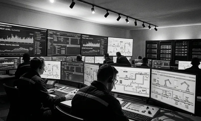 Manufacturing cybersecurity operations center monitoring industrial control systems and OT network security dashboards