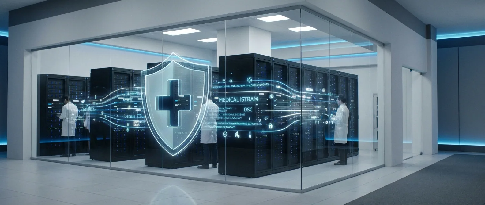 Modern healthcare data center with server racks and holographic security shield representing HIPAA-compliant AI infrastructure for protected health information.