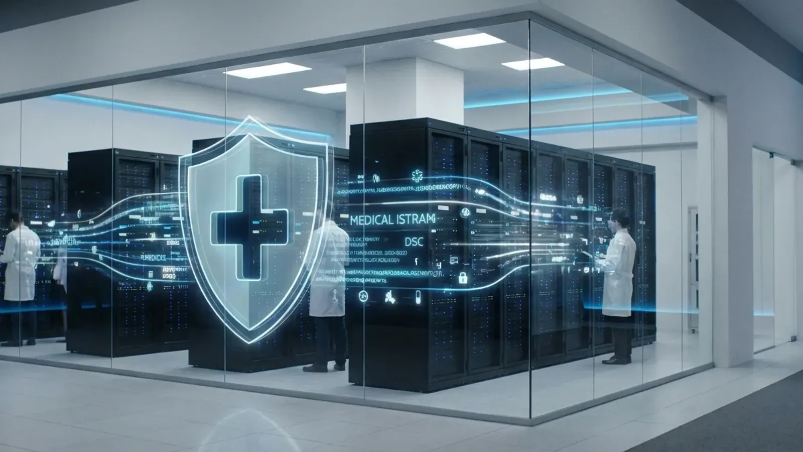 Modern healthcare data center with server racks and holographic security shield representing HIPAA-compliant AI infrastructure for protected health information.
