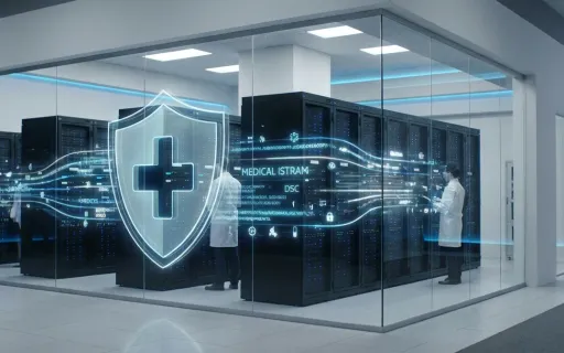 Modern healthcare data center with server racks and holographic security shield representing HIPAA-compliant AI infrastructure for protected health information.