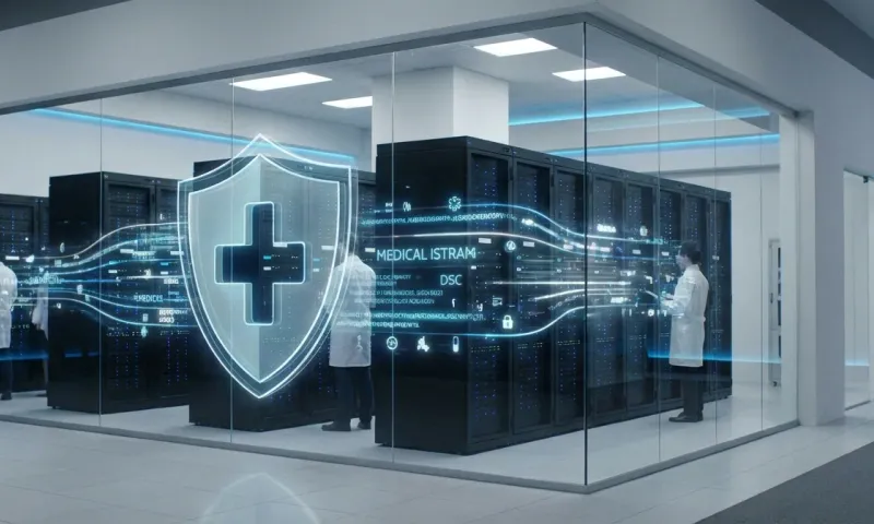 Modern healthcare data center with server racks and holographic security shield representing HIPAA-compliant AI infrastructure for protected health information.