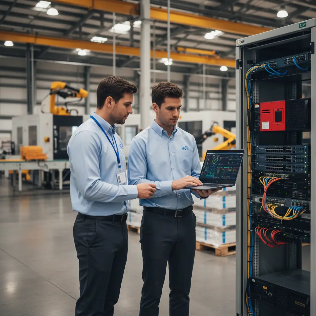 ITECS engineers in light blue company shirts reviewing network monitoring dashboards at a manufacturing facility server room