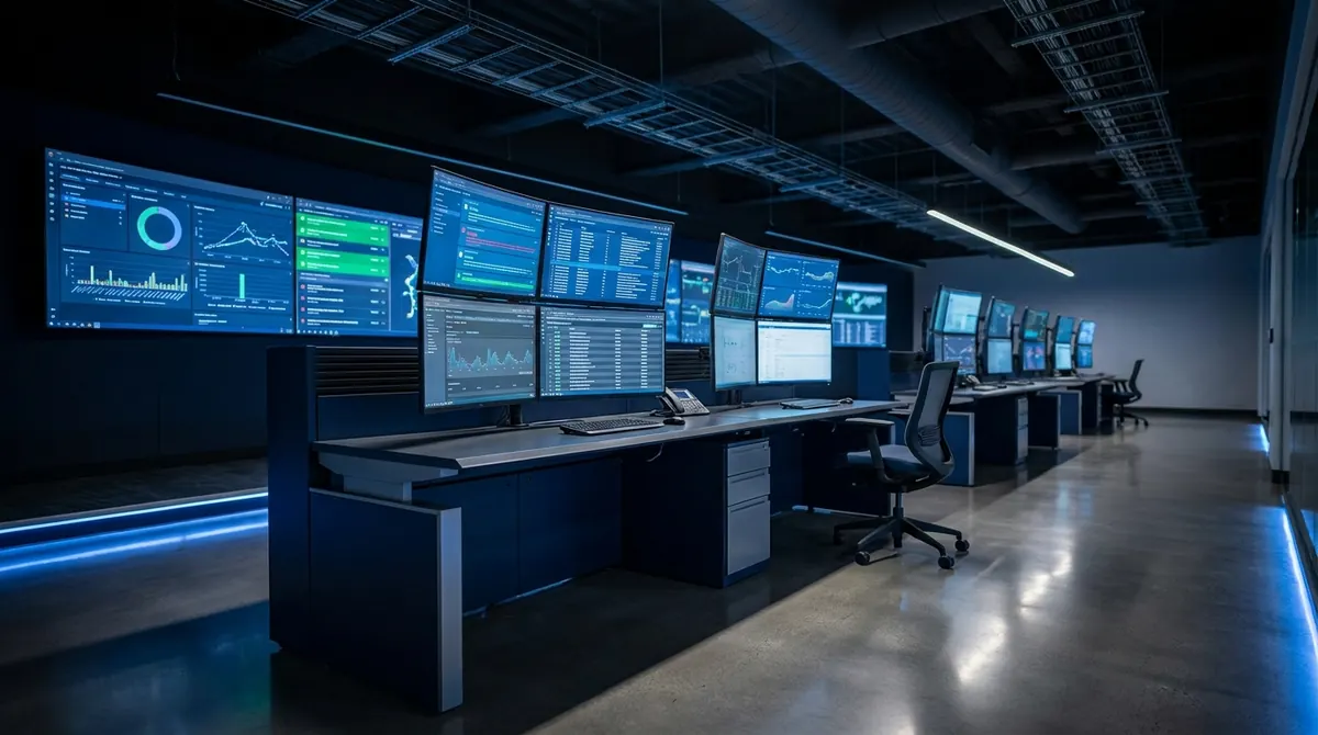 Photorealistic operations center with dark blue tones, multiple monitors displaying network telemetry and security dashboards, no people present