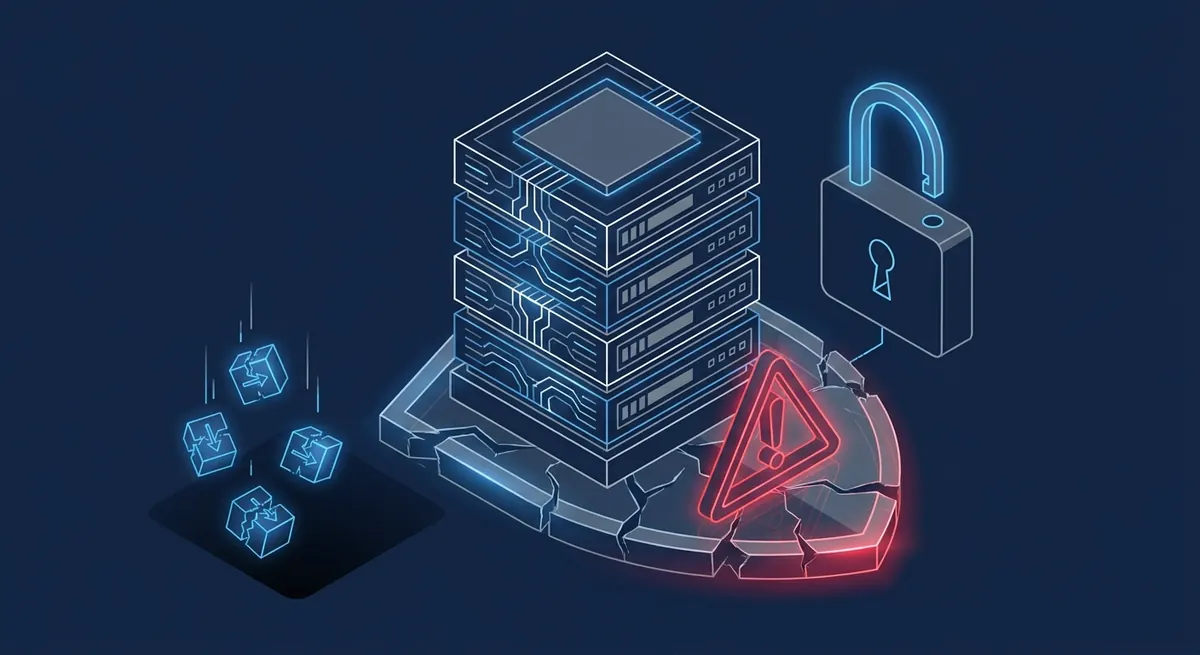 Isometric illustration of an unsupported database server on a cracked foundation with a red warning, an open padlock, and broken update packets