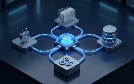 Conceptual illustration of an AI assistant connected through MCP to files, a database, a code repository, and an API
