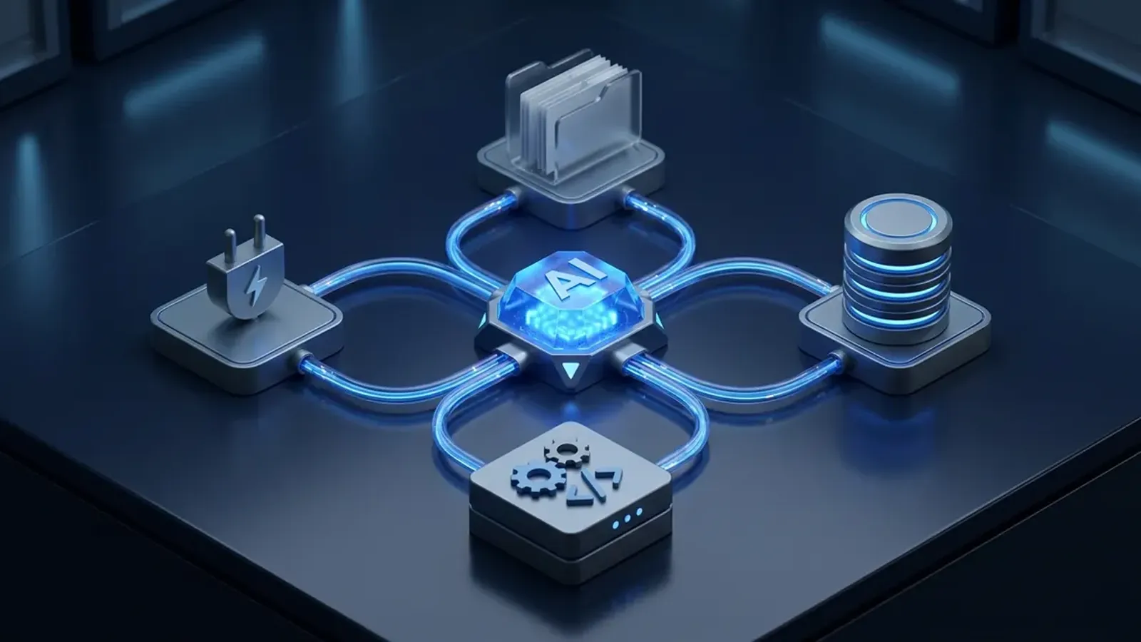 Conceptual illustration of an AI assistant connected through MCP to files, a database, a code repository, and an API