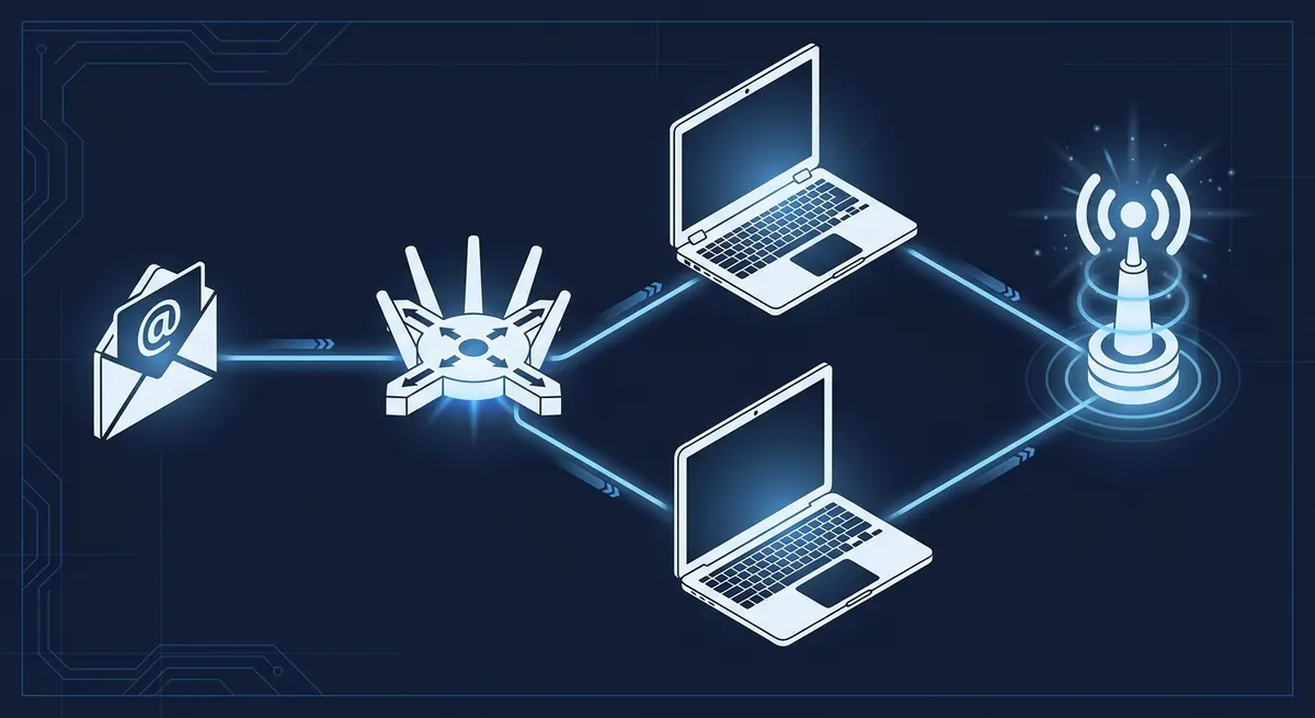 Isometric diagram of the phishing-to-RMM attack chain from email lure through OS detection to a persistent remote-access agent