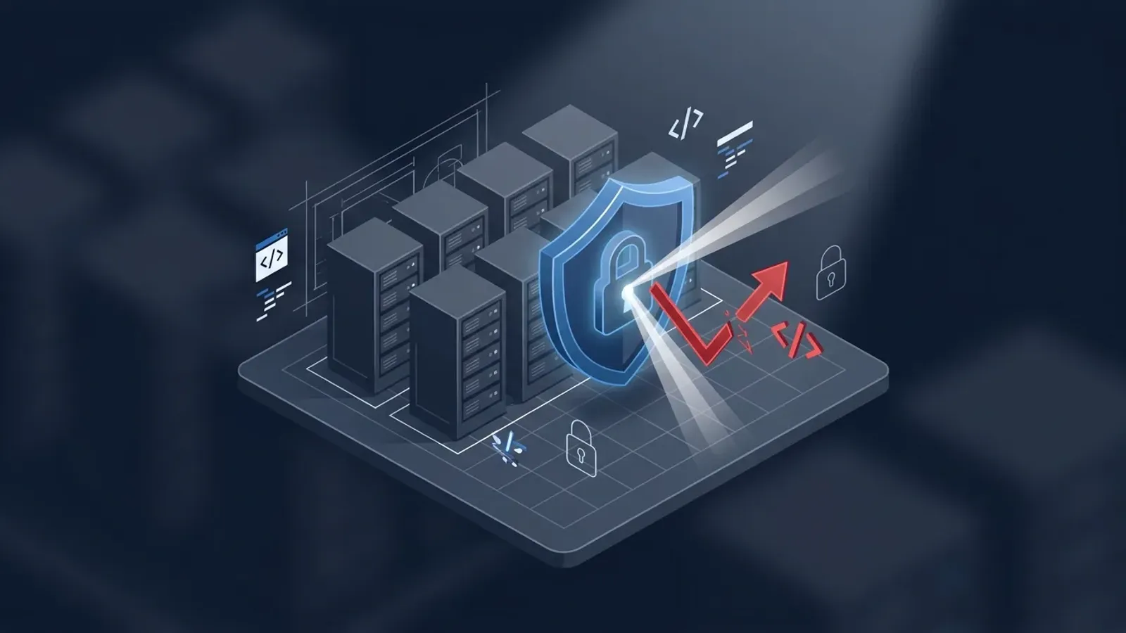 Conceptual isometric illustration of an on-premises SharePoint server farm being hardened under an urgent security patch alert