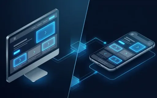 Split-screen isometric illustration comparing desktop and mobile website rendering with blue accent lighting on dark navy background