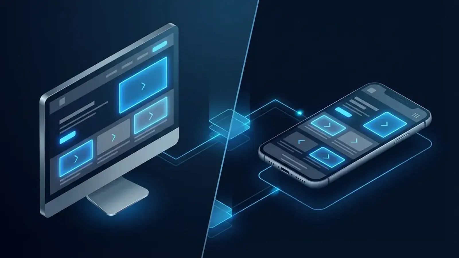 Split-screen isometric illustration comparing desktop and mobile website rendering with blue accent lighting on dark navy background