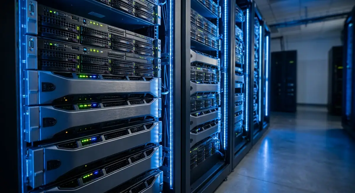 A Linux server rack in a cool, blue-lit data center aisle representing self-hosted CI runner infrastructure
