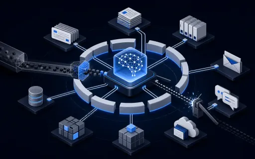 Isometric security illustration showing a concealed prompt entering a central AI assistant connected to multiple SaaS data systems while containment rings close around the hub