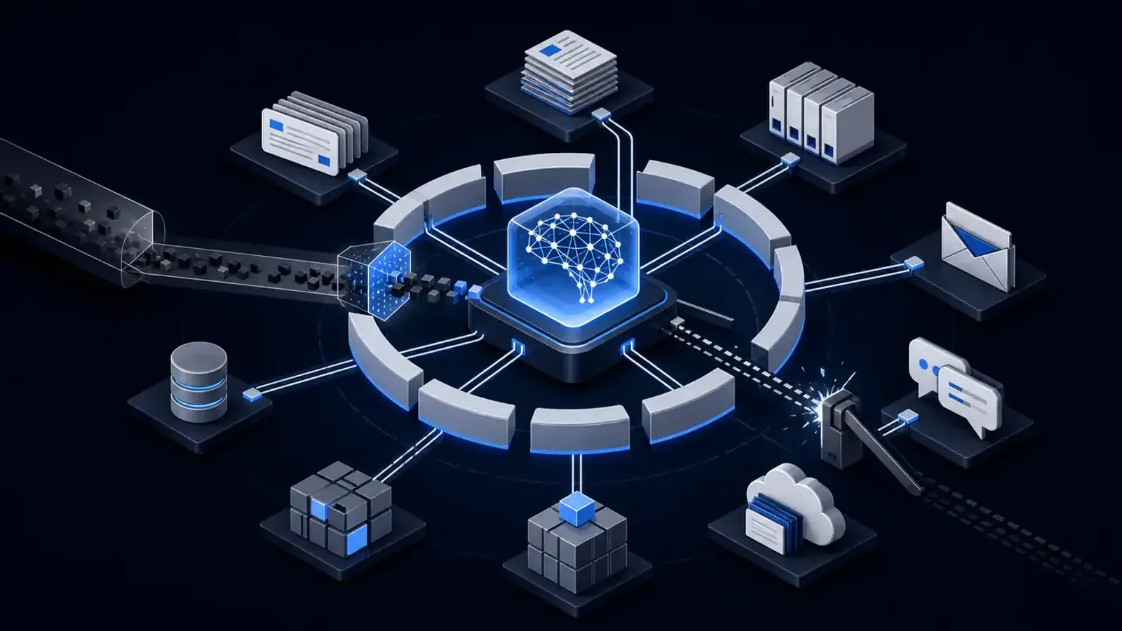 Isometric security illustration showing a concealed prompt entering a central AI assistant connected to multiple SaaS data systems while containment rings close around the hub