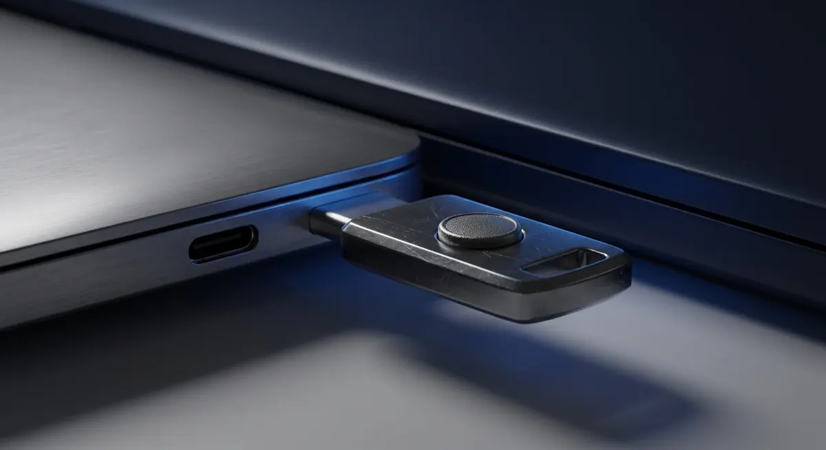 A close-up of a hardware security key being inserted into a laptop, representing phishing-resistant FIDO2 authentication