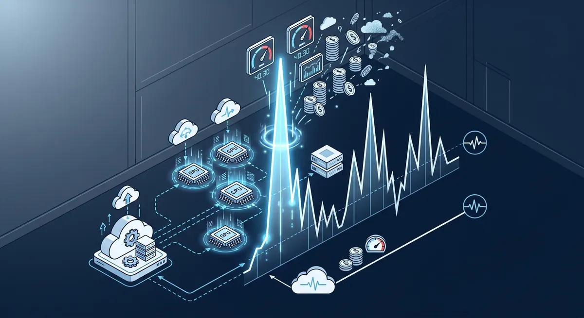 Isometric chart showing volatile spiking AI and GPU cloud costs rising erratically above a flat predictable baseline