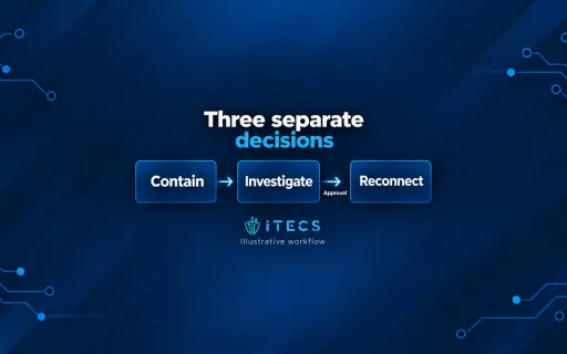ITECS illustrative workflow showing containment, investigation, and reconnection as separate decisions, with approval before reconnection.