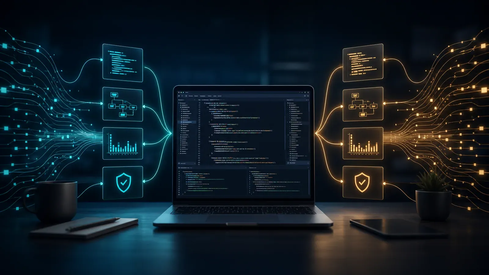 Laptop displaying code between two color-coded evaluation pipelines with task, workflow, test-result, and security panels for comparing AI coding systems.